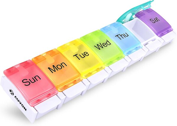 Weekly Pill Organizer Arthritis Friendly, BPA Free Travel 7 Day Pill Box Case with Spring Open Design and Large Compartment to Hold Vitamins