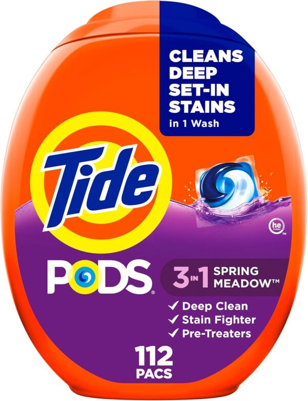 Tide PODS Laundry Detergent Pacs, Spring Meadow Scent, 112 Count, Concentrated Laundry Soap Detergent, Stain Remover and Color Protector, Tide PODS Laundry Detergent