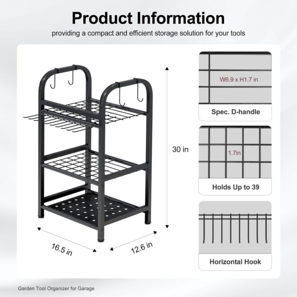 Garden Tool Organizer for Garage, Storage Rack for Garage Organization, Shed, Outdoor, Yard Tool Organizer Holds Up to 39, Shovels, Rakes, Brooms, Black Metal Garden Tool Storage - Image 3