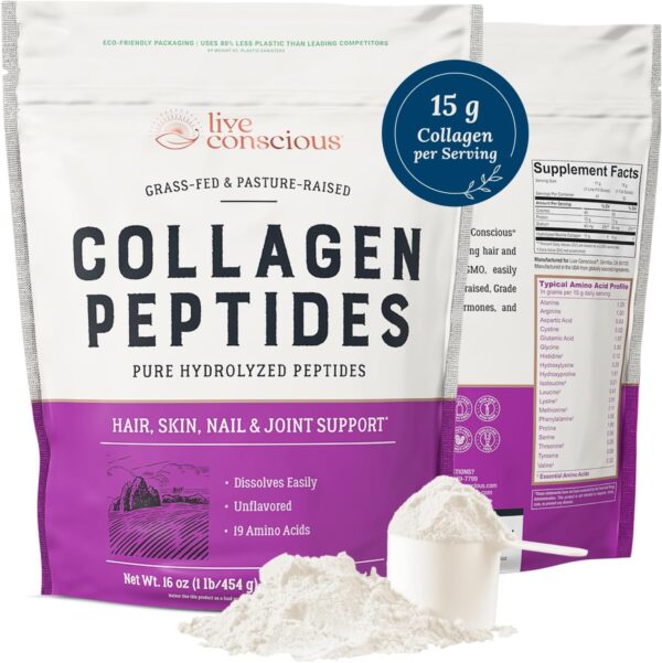 Live Conscious Collagen Peptides Powder - Naturally-Sourced Hydrolyzed Collagen Powder - Hair, Skin, Nail, and Joint Support - Type I & III Grass-Fed Collagen Supplements for Women and Men - 16oz  Health & Household