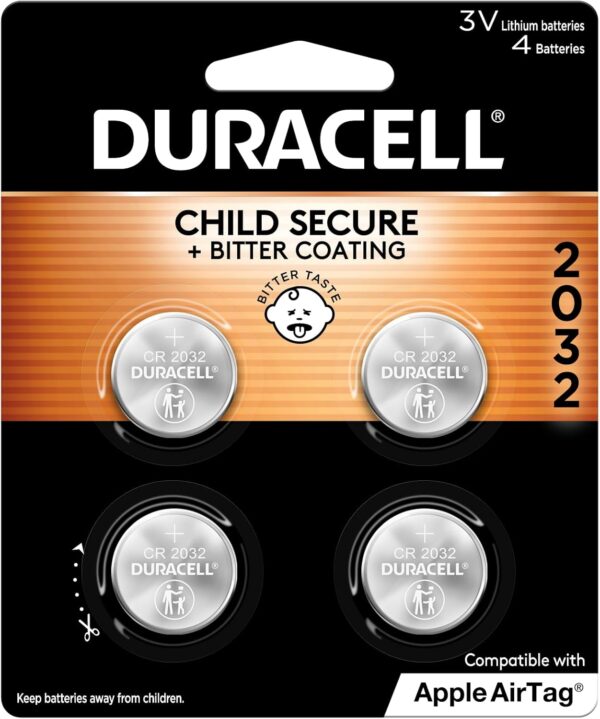 Duracell 2032 Lithium Battery. 4 Count Pack. Child Safety Features. Compatible with Apple AirTag, Key Fob, and other devices.