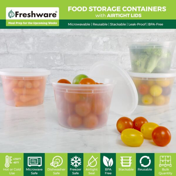 Freshware Food Storage Containers [50 Set] 16 oz Plastic Deli Containers with Lids, Slime, Soup, Meal Prep Containers | BPA Free | Stackable | Leakproof | Microwave/Dishwasher/Freezer Safe - Image 3