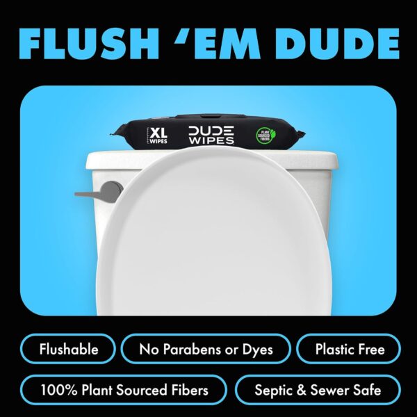 DUDE Wipes - Flushable Wipes - 3 Pack, 144 Wipes - Unscented Extra-Large Adult Wet Wipes - Vitamin-E & Aloe - Septic and Sewer Safe - Image 4