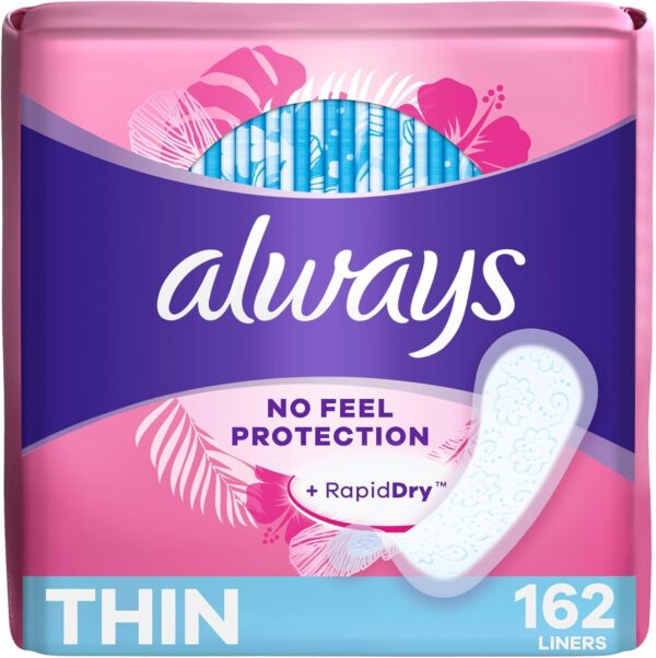 Always Thin Daily Panty Liners for Women, Light Absorbency, Unscented, 162 Count (Packaging May Vary)