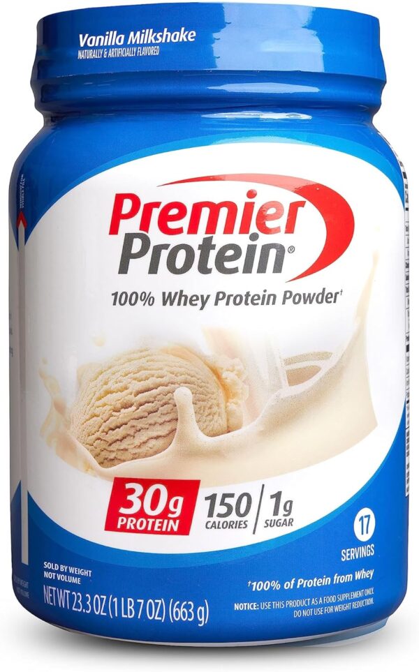 Premier Protein Powder, Vanilla Milkshake, 30g Protein, 1g Sugar, 100% Whey Protein, Keto Friendly, No Soy Ingredients, Gluten Free, 17 Servings, 23.3 Ounces