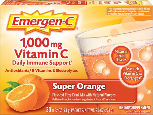 Emergen-C 1000mg Vitamin C Powder for Daily Immune Support Caffeine Free Vitamin C Supplements with Zinc and Manganese, B Vitamins and Electrolytes, Super Orange Flavor - 30 Count  Health & Household