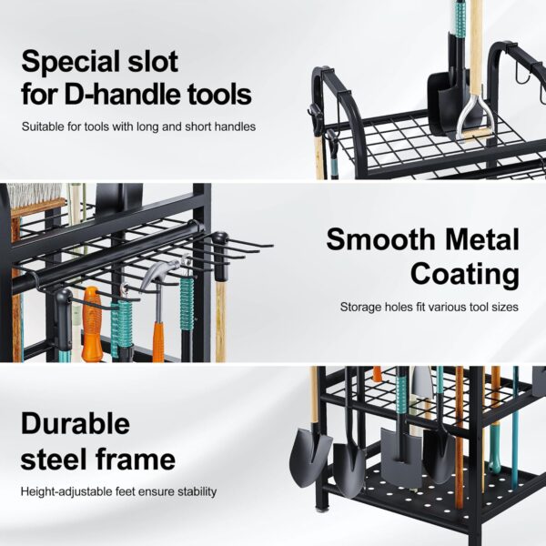 Garden Tool Organizer for Garage, Storage Rack for Garage Organization, Shed, Outdoor, Yard Tool Organizer Holds Up to 39, Shovels, Rakes, Brooms, Black Metal Garden Tool Storage - Image 4