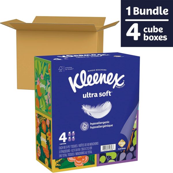 Kleenex Ultra Soft Facial Tissues, 4 Cube Boxes, 60 Tissues per Box, 3-Ply (240 Total Tissues), Packaging May Vary - Image 2